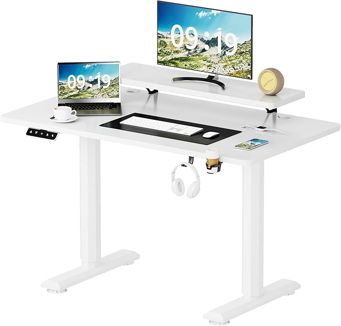 YESHOMY Electric Standing Desk with Monitor Shelf 47 x 24 Inches Height Adjustable Corner Table Computer Workstation with Cup Holder and Hook for Home Office White 47x24 Inch