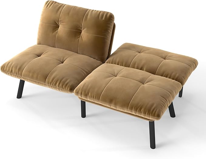Sofa Bed with Chaise Modern Convertible Sleeper Sectional Loveseat Velvet Futon Couch with Tufted Back and Metal Legs for Small Space Apartment (Brown)