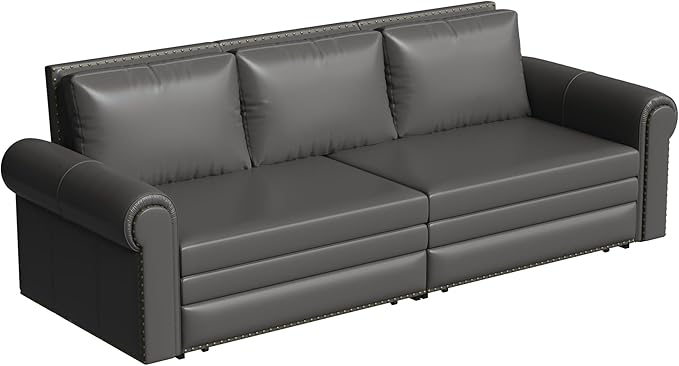 93.7 Faux Leather Convertible Sleeper Sofa 3 in 1 King Size Pull Out Sofa Bed Loveseat Couch for Living Room Bedroom Grey