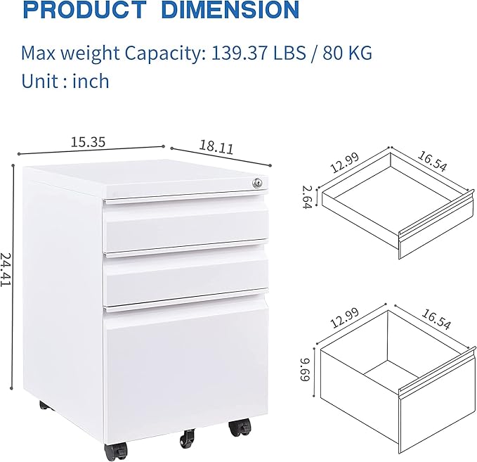 3 Drawer Mobile File Cabinet with Lock Under Desk Metal Filing Cabinet for Legal/Letter/A4 File Installation Required (White)