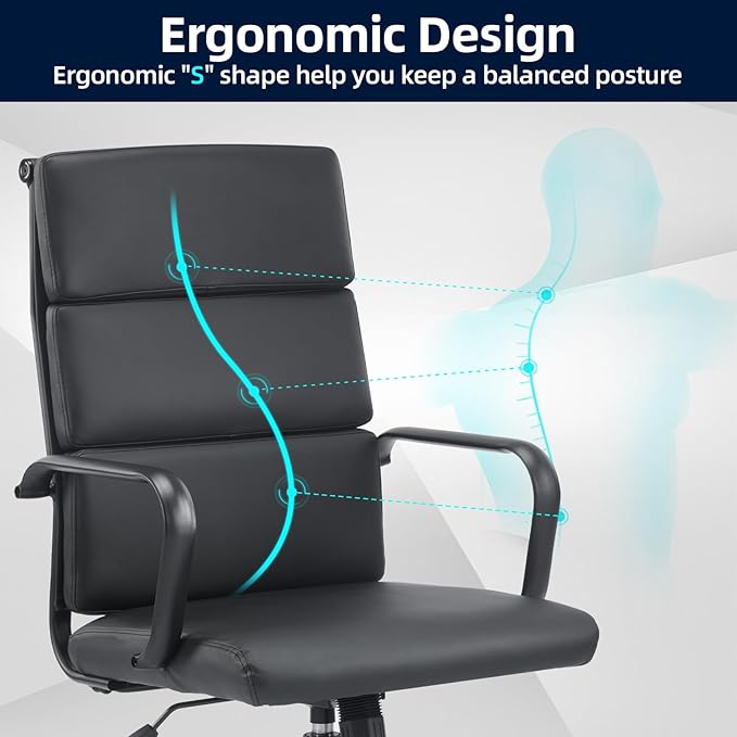 Office Chair Ergonomic Adjustable Desk Chair Mid Back Executive Comfortable Leather Lumbar Support Home Computer Chair with Padded Seat Swivel Wheels