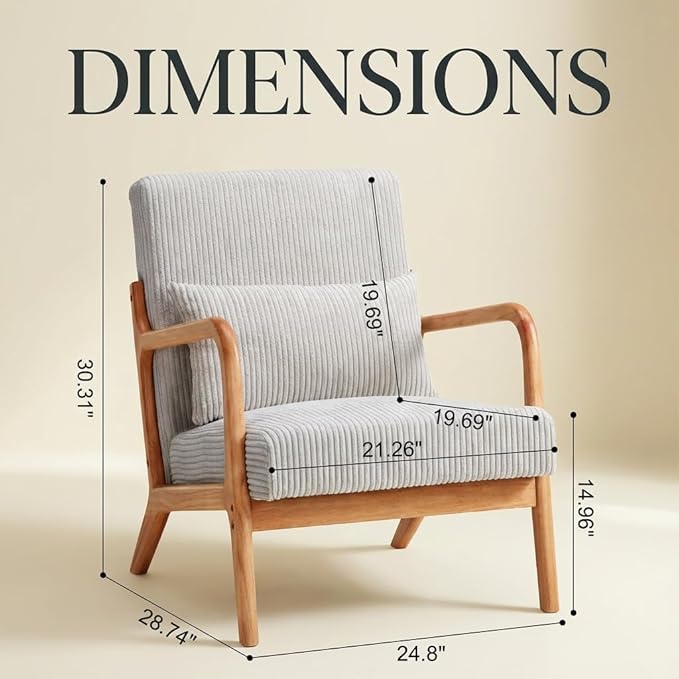 Corduroy Upholstered Mid Century Modern Accent Chair with Wide Armrests and Pillow Comfy Reading Armchair for Living Room Bedroom Guest Room (Beige+Light Oak Finish Frame)