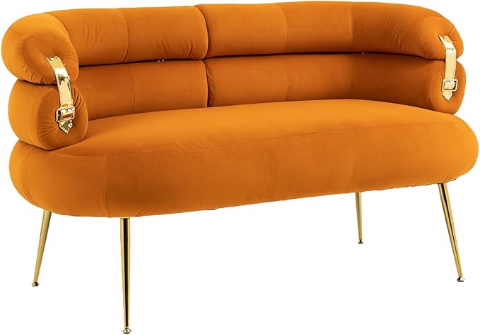 50” Velvet Loveseat Sofa Chair Mid Century Modern 2-Seater Small Love Seat for Small Spaces Accent Arm Chair with Golden feet Comfy Upholstered Leisure Couch for Living Room (Orange)