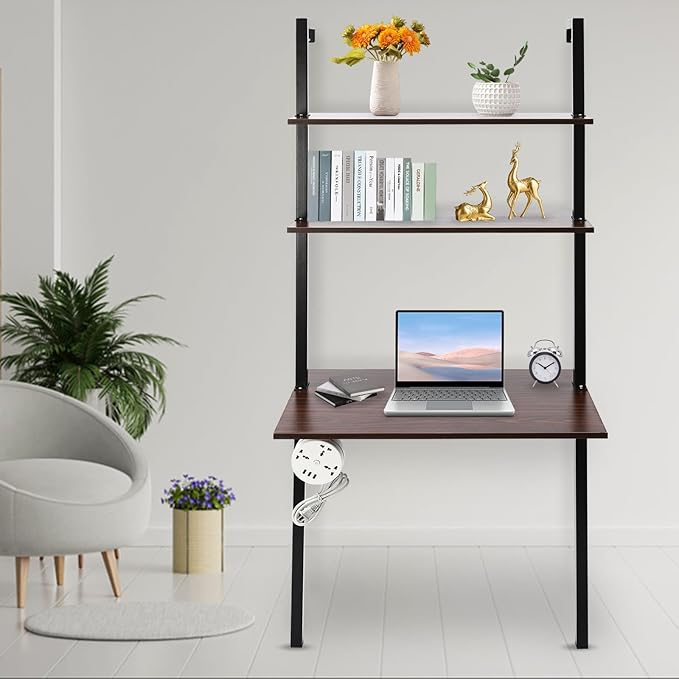 Wall Mounted Desk Floating Laptop Desk with 2 Storage Shelves Industrial Ladder Desk Wall Table Creative Hanging DeskMultifunctional Computer Workstation for Home Office