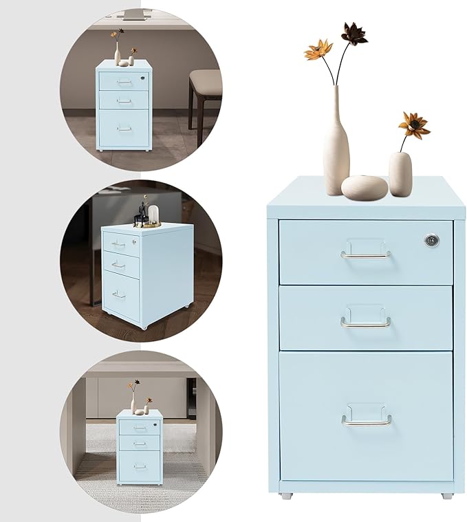 3 Drawer File Cabinet with Lock Metal Vertical Mobile File Cabinet Blue Rolling Under Desk Filing Cabinet for Home Office