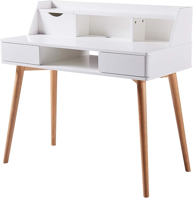 Teamson Home Creativo Writing Study Computer Desk with Solid Wood Legs Storage Drawers and Open Shelves Hutch for Home Office Living Room Reading Bedroom 37 inch Height White