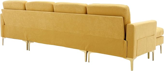 kevinplus 111 Velvet Sectional Sofa Couch for Living Room Modern Contemporary L-Shaped 4-Seat Tufted Sofa Couch with Chaise Lounge &amp Ottoman for Apartment Office Strong Metal Leg Yellow