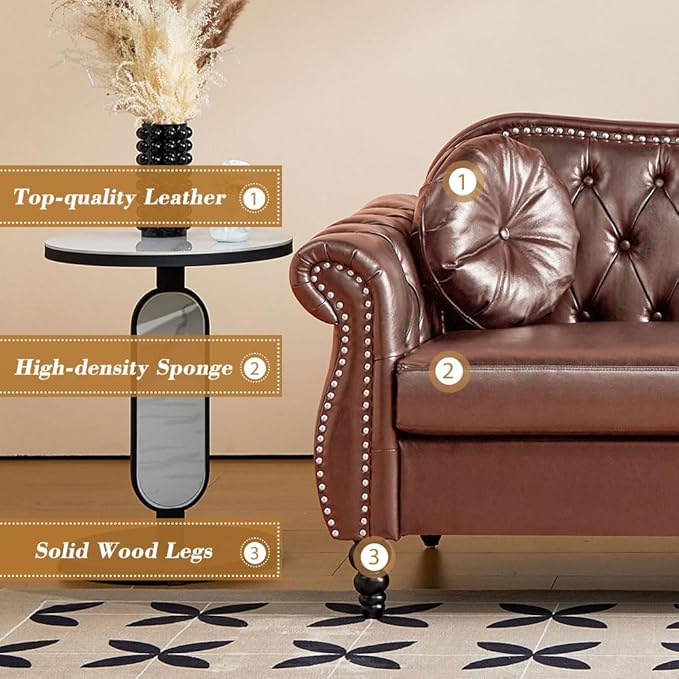 Modern PU Tufted Couch 2 Seater with Rolled Arms and Nailhead Deep Button Nailhead Tufted Loveseat Leather Couch Roll Arm Classic Tufted Chesterfield Settee Leather Sofa for Living Room (Brown)