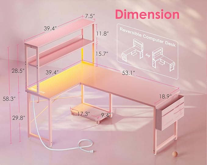 AODK L Shaped Desk Gaming Desk with LED Light &amp Power Outlet 53 Inch Reversible L Shaped Computer Table with Shelf &amp Storage Bag &amp Hook for Home Office Pink