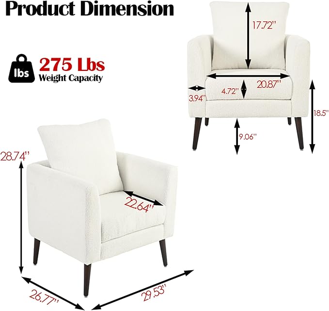 Modern Accent Chair for Living Room Chairs Comfortable Lumbar Support Armchair Removable Cushion Covers Single Sofa Chair with Solid Wood Legs Bedroom Reading Chair White