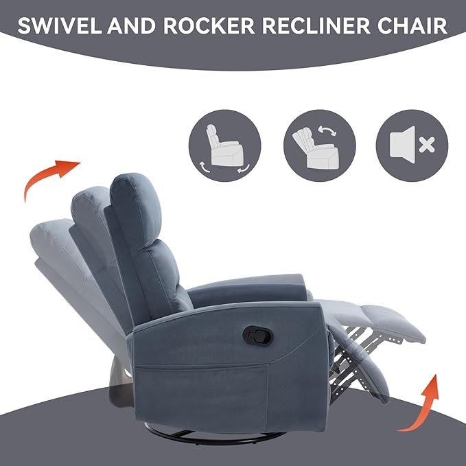 Swivel Rocker Recliner Chair for Adults Rocking Recliner Chair Rocker Nursery Glider ChairRecliners for Small Spaces Manual Recliner Single Sofa for Living Room Nursery (Blue Grey)
