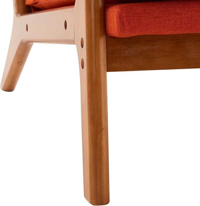 Mid-Century Modern Accent Chair with Throw Pillow Upholstered Fabric Armchair Oak Wood Frame Reading Chair for Living RoomBedroomReadingBalcony (Orange)