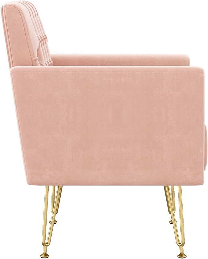 KEIKI Small Velvet Accent Chair 31 Inch Modern Tufted Upholstered Armchair with Metal Leg Comfortable Single Sofa Side Reading Chairs Comfy Arm Chair for Bedroom Living Room Easy Assembly Pink