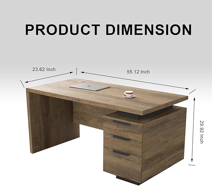Modern Executive Desk with Lateral File Cabinet Sleek Office Stand Up Desk for Home Office Computer Desks Drawers Workstation Walnut