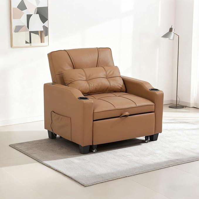 Sleeper Chair Pull Out Bed 4 in 1 Convertible Sofa Chair Bed with Vibration Massage Lumbar Pillow Single Sofa Recliner with USB/Type-C Port Cup Holders and Side Pocket for Small Spaces (Brown)