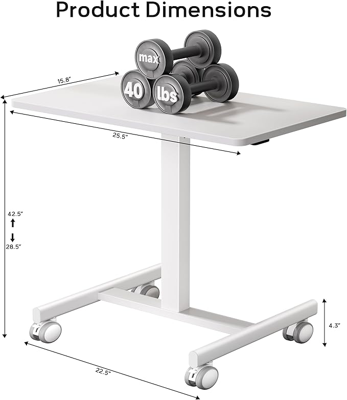 Mobile Small Standing Rolling Desk Adjustable Height Portable Laptop Desk on Wheels Workstation for Home Office with HookWhite