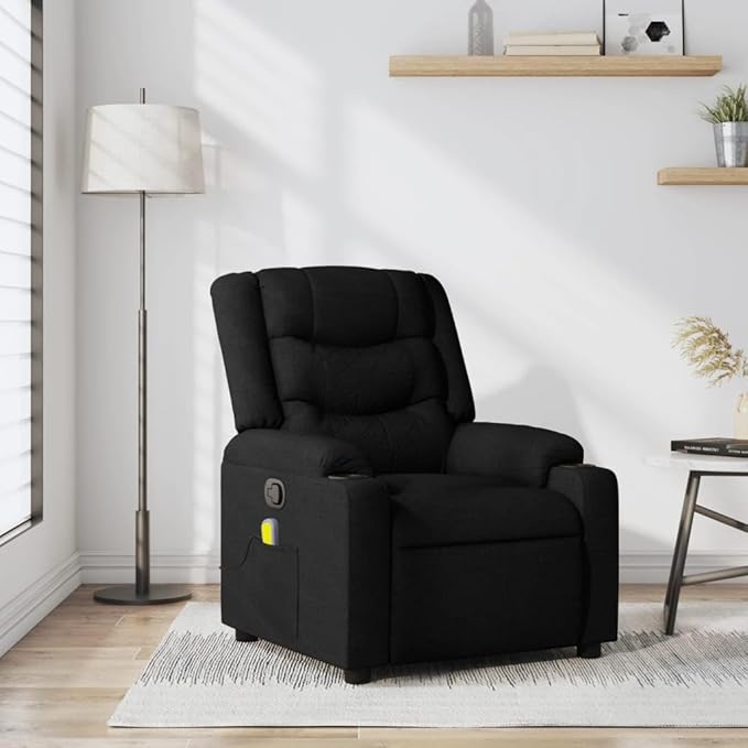 vidaXL Black Fabric Massage Recliner Chair - Manual Reclining Vibration Massage Cup Holders for Comfort in Living Room/Lounge