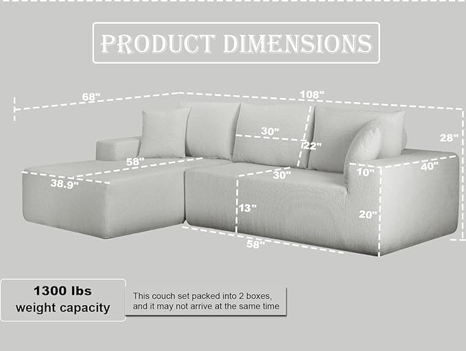 108-Inch Boneless Couch Loveseat with Chaise 2-3 Seater Cloud Couch Modular Sofa for Living Room No Assembly Required Chenille L Shaped Oversized 2 Pieces Sleeper Sectional (Off- White)