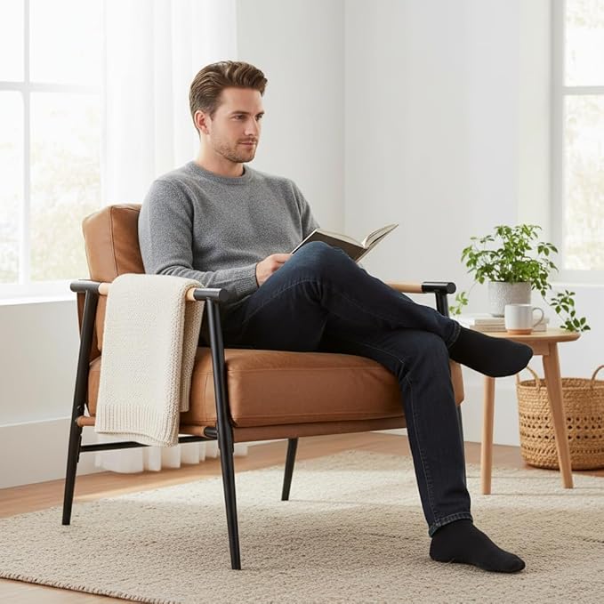 Modern Minimalist Accent Chair Soft Polyester Fabric with Metal Frame and Wood Armrests Living Room Bedroom Office Seating (Brown)