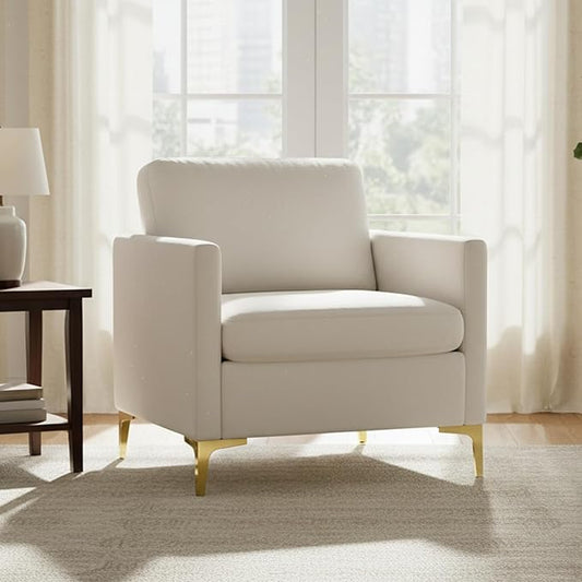 Velvet Accent Chair Modern Accent Chair with Gold Metal Legs Upholstered Reading Armchair Small Sofa Chair for Living Room Bedroom Office (Beige)