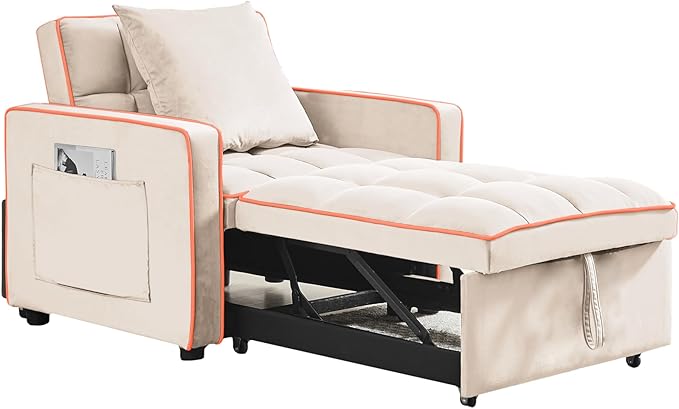 3-in-1 Futon Couch Sofa Bed Chair Convertible Sleeper Sofa with Pull-Out Bed Folding Sofa Bed with Reclining Backrest and Side Pocket Sofa Recliner Single Bed Adult Modern Chair Bed Berth (White)