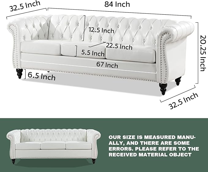White Sofas for Living Room Faux Leather Chesterfield Sofa 84 Rolled Arm 3-Seater Couch Sofa with Button Nailhead Upholstered Sofa Furniture Easy to Assemble (White)