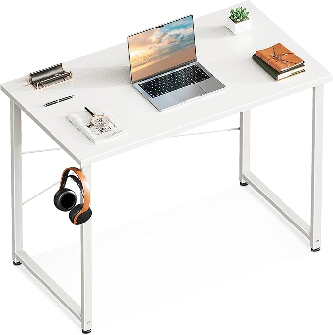 Casaottima 32 Inch Small Computer Desk for Home Office Study Writing Table for Small Spaces Simple Modern Desk with Headphone Hooks Pure White