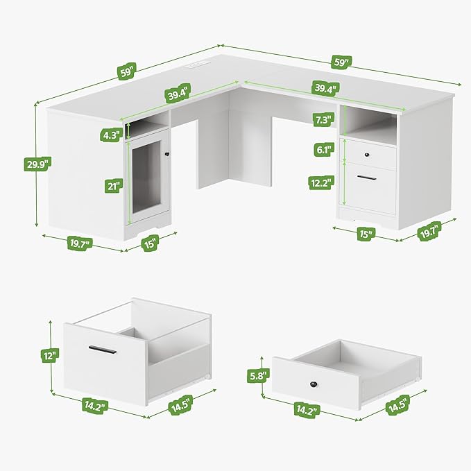 MU L Shaped Desk with File Drawer 60 Inch Corner Desk with Storage Drawers &amp Cabinet Large Home Office Table with Power Outlets Wood Executive Office Desk White