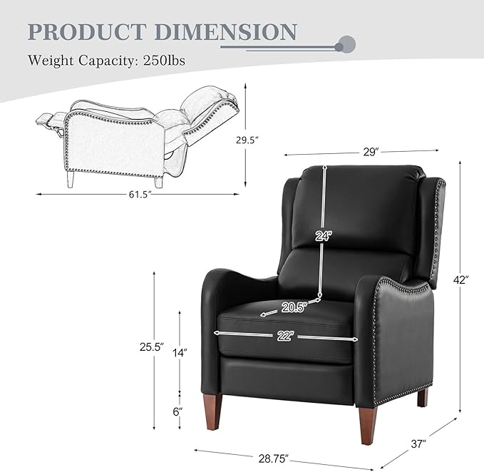 HULALA HOME Genuine Leather Recliner Chair Modern Push Back Recliner Armchair with Thick Seat Backrest &amp Footrest Nailhead Decor for Living Room Bedroom Black