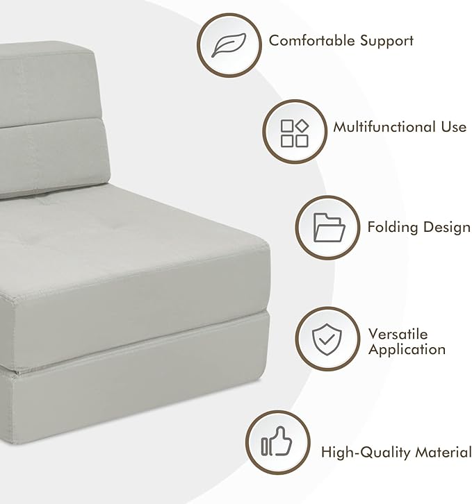 COSTWAY Triple Fold Down Sofa Bed 3-in-1 Fold Floor Couch Lounge Sleeper with Thick Cushion Flock Fabric Convertible Design Portable Single Guest Bed Mattress for Living Room Bedroom (Grey)