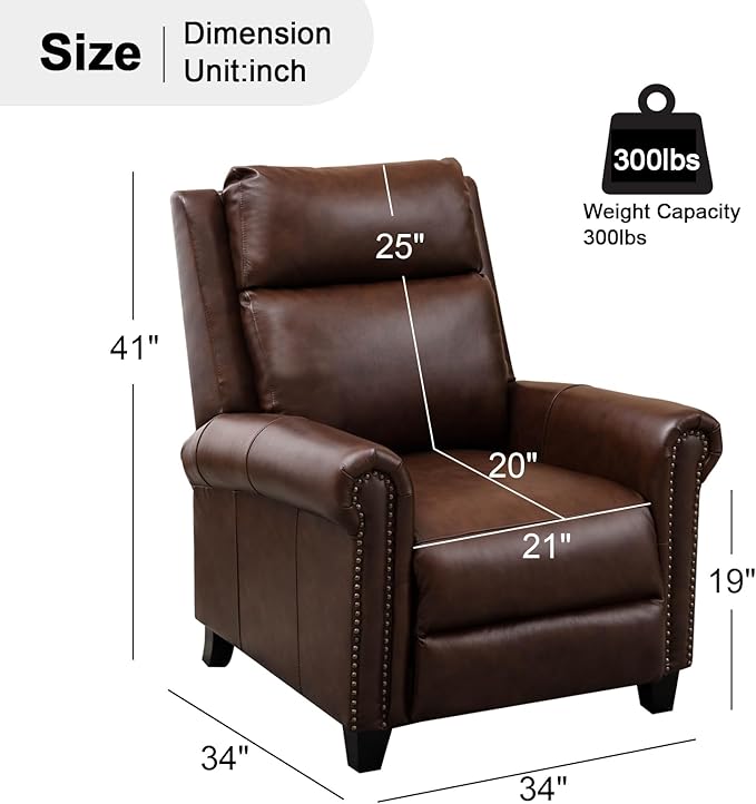 CANMOV Leather Pushback Recliner Chair Classic and Traditional Push Back Recliner Chair with Rivet Decoration for Living Room Adjustable Single Sofa Brown