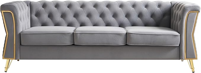 KEIKI 87 Chesterfield Velvet Button Tufted Sofa with High Density Foam Cushions Modern Style 3-Seater Couch with Gold Strip Trim Decoration Easy Assembly for Apartment Living Room Office Grey