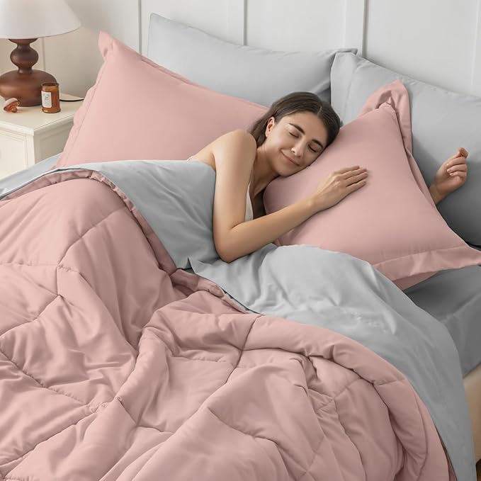 JOLLYVOGUE Twin XL Comforter Set Ultra-Soft Bed in a Bag Twin XL Size 5 Pieces Oeko-TEX Certified Bedding Set with Down Alternative Comforter Sheets Pillowcases &amp Shams Pink &amp Light Grey