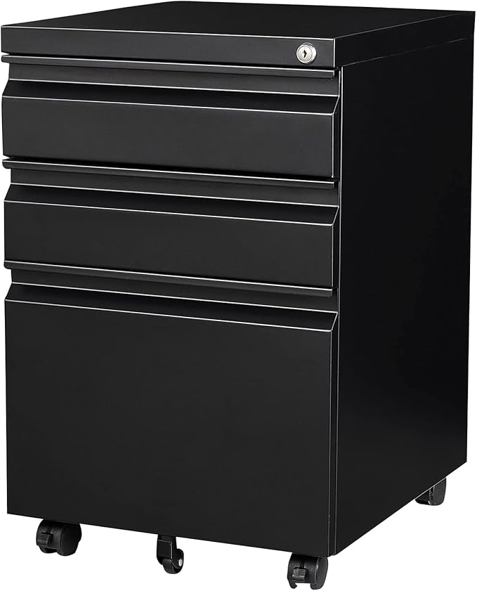 3 Drawer File Cabinet with Wheels Metal Filing Cabinet with Lock Office Rolling File Cabinets for A4/Legal/Letter Size Assembly Required Black