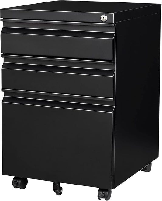 3 Drawer File Cabinet with Wheels Metal Filing Cabinet with Lock Office Rolling File Cabinets for A4/Legal/Letter Size Assembly Required Black