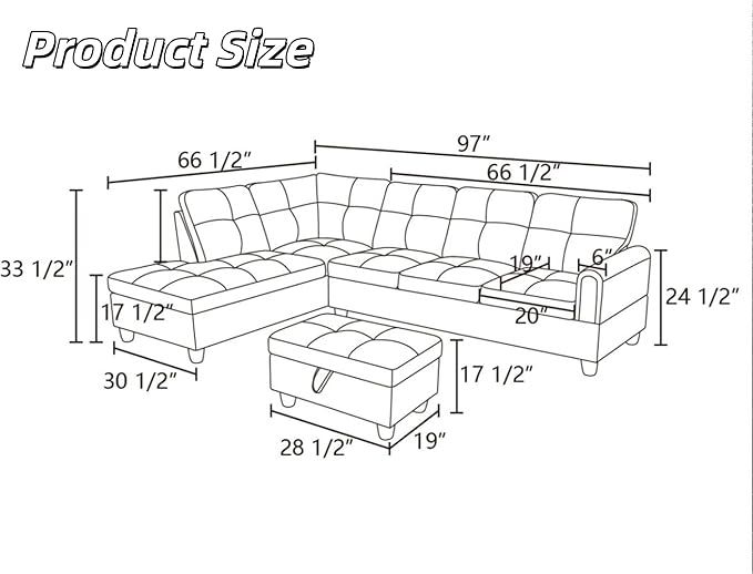 L-Shaped Sectional Sofa with Movable Chaise &amp Storage Ottoman Lounge 3-Piece Modular Convertible Couches for Living Room Apartment &amp Office Brown