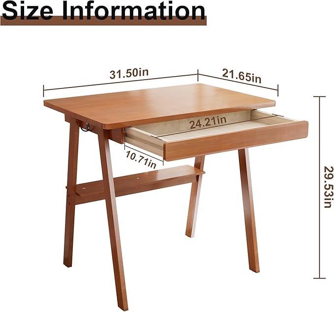 Solid Wood Desk with Drawers - 31.5 Inch Mid Century Modern Desks with Storage Shelf Small Writing Desk for Small Spaces Home Office Desks for Bedroom &amp Home Walnut Color