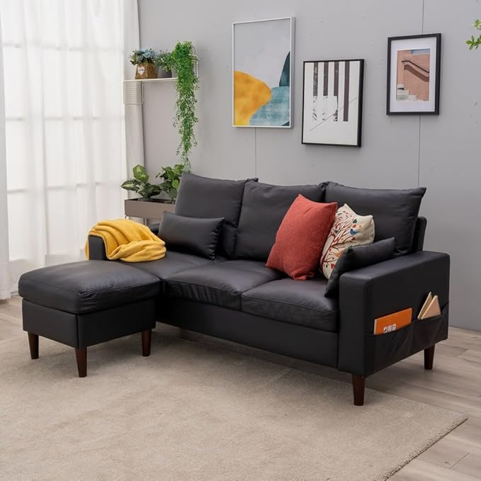 Panana Sectional Sofa Modern Deep 3-Seat Sofa Couch with Ottoman Upholstered Furniture for Living Room Apartment Studio Office (Black Artificial Leather Track Arms)