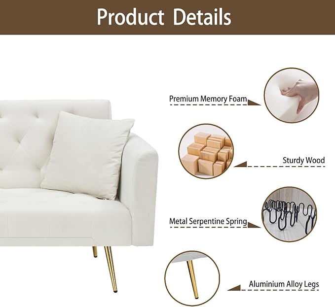 71 Velvet Futon Sofa Bed Convertible Sleeper Couch with 2 Pillows - Modern Loveseat Small Sofa 3-Angle Adjustable Backrest Golden Metal Legs for Living Room Bedroom Apartment Easy Assembly (Beige)