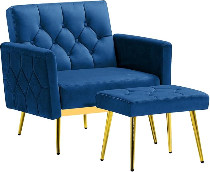 Velvet Accent Chair w/Adjustable Armrests and Backrests Tufted Single Sofa with Ottoman Upholstered Reading Chiar for Living Room Apartment Bedroom Blue