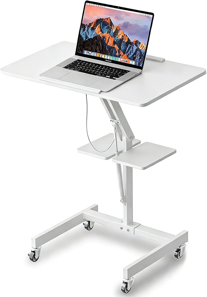 Mobile Standing Desk with Wheels Height Adjustable Laptop Table 27.56 Inch Portable Ergonomic Workstation with Locking Casters &amp Tilting Top White