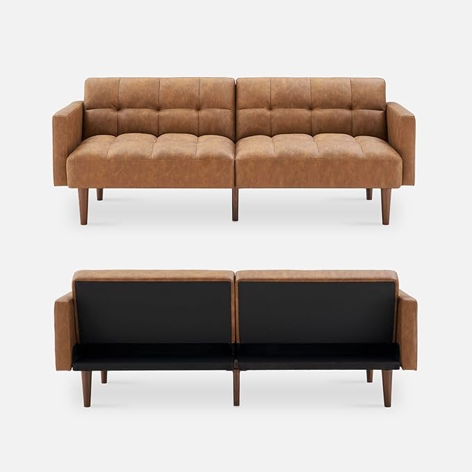 mopio 76.4 Futon Sofa Bed Couch Loveseat Sleeper Sofa Mid Century Modern Futon Couch Sofa Cama Couches for Living Room (Aaron PU Pecan Brown)