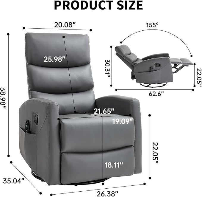 Swivel Recliner with Heat and Massage Rocker Recliner Chair for Living RoomGlider Recliner Nursery Chair with Black Metal Base/Adjustable Backrest and Footrest (PU Leather Grey3)