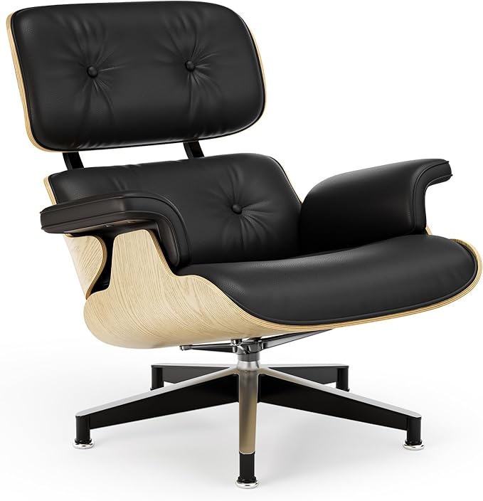 Top Black Grain Leather Mid Century Chaise Lounge Chair and Ottoman Modern Chair Classic Design Ash Wood Heavy Duty Base Support for Living Room Office