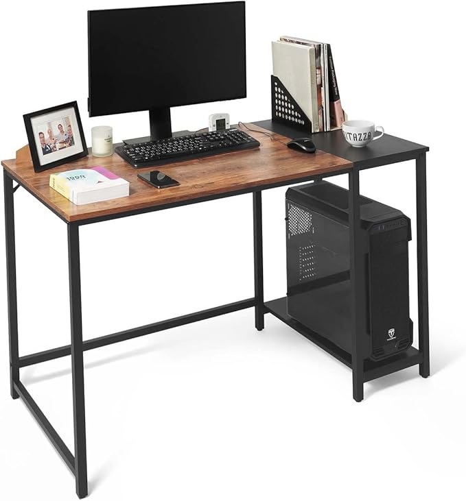 CAPHAUS 47 Inch Computer Desk with 2-Tier Storage Shelves for Home Office &amp Gaming Small Spaces Desk for Bedroom/Office/Dorm Easy Assemble P2 Board &amp Steel Legs Rustic Oak &amp Black (220