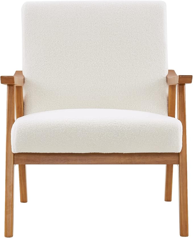 Accent ChairArmchair with Solid Wood FrameSolid Wood Armrest Velvet Simple Single Indoor Lounge Chair for Living Room Bedroom Reading Armchair (Creamy-White)