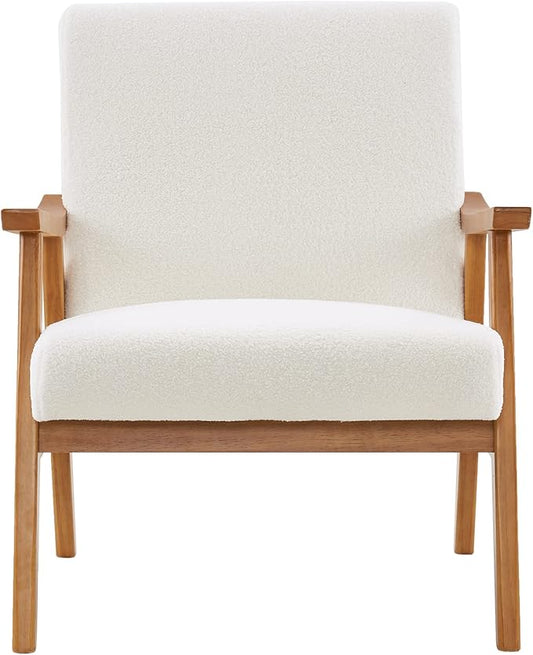 Accent ChairArmchair with Solid Wood FrameSolid Wood Armrest Velvet Simple Single Indoor Lounge Chair for Living Room Bedroom Reading Armchair (Creamy-White)