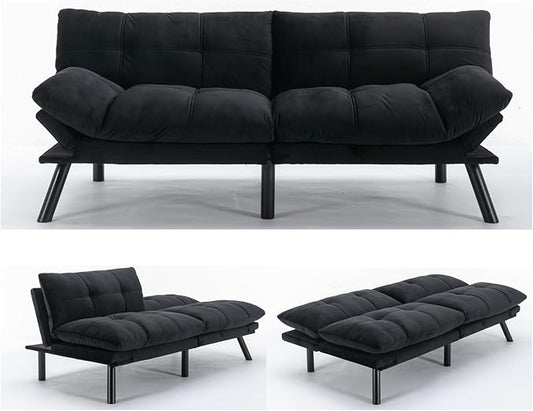 Anwick Futon Sofa Bed Velvet Convertible Futon Sleeper Couch 71 Sleeper Sofa Bed with Adjustable Backrest Modern Loveseat Couch for Compact Living Room Apartment Office (Black-New)