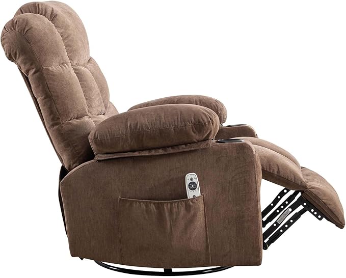 360° Swivel Recliner Chair with Lumbar Heating and Storage Side Pocket Oversized Adult Massage Rocking Chairs with USB &amp Cup Holders Ergonomic Single Sofa Chair for Living Room (Brown)