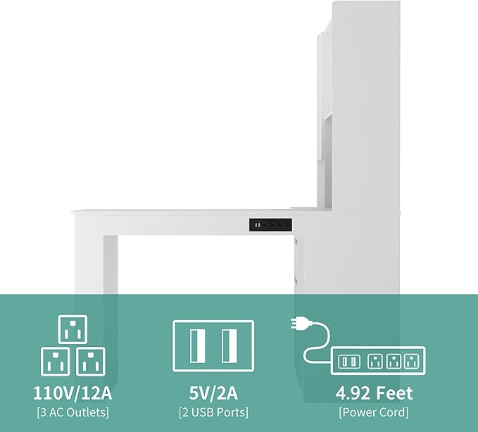 White L Shaped Desk with Hutch &amp Shelves Modern Computer Corner Desk with Drawers &amp Led Lights / Charging Station Wood Home Office Desk with Storage for Teenager Writing Study (White+Left si